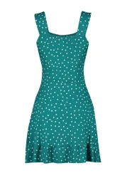  Collection Petrol Polka Dot Printed Square Neck Flounce A-Line Mini Knitted Dress TWOSS23EL00348