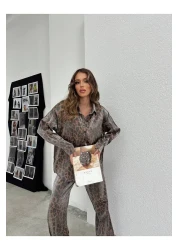 Ekim Store New Season Satin Leopard Shirt Trousers Double Set