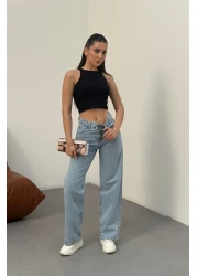 BİKELİFE بنطال جينز نسائي أزرق فاتح عالي الخصر من الليكرا قابل للتمدد وواسع الساق