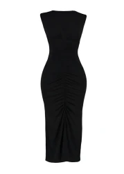  Collection Black Fitted/Body-Sitting Gather Detailed Midi Flexible Knitted Pencil Dress TWOSS23EL00751