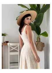 Julidress Beige Embossed Floral Patterned Lined Strap Midi Long Length Premium Linen Dress