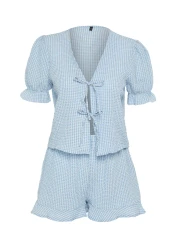  Collection Blue Textured Gingham Lacing/Ribbon/Bow Detailed Shorts Woven Pajamas Set Thmss24Pt00149