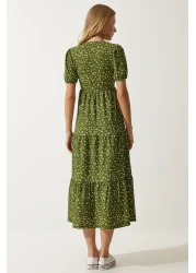 Happiness İstanbul فستان نسائي صيفي محبوك بياقة ملفوفة باللون الكاكي UB00267