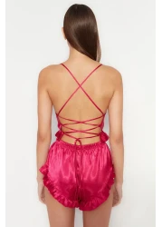  Collection Fuchsia Ruffled and Back Rope Strap Satin Woven Pajamas Set Thmss23Pt00048