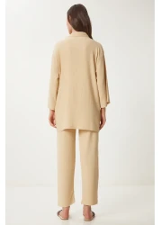 Happiness İstanbul طقم بنطلون كيمونو كريمي نسائي محبوك BY00050
