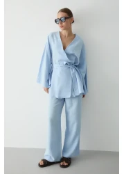 Laluvia Blue Cotton Kimono Wide Leg Pants Set