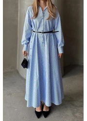 Olcay فستان بوبلين فضفاض بتفاصيل أزرار على الجانب أزرق-أبيض 9316-E