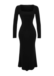  Collection Black Flounced Square Neck Fitted Maxi Stretchy Knitted Dress TWOAW24EL00613