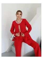 1Moda1Tarz Women's Imported Fabric Stone Embroidered Collar and Button Detailed Lined Jacket Pants Design Set