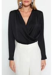  Collection Black Double Breasted Satin Woven Blouse TWOAW24BZ00423