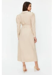  Modest Linen Look Button Woven Shirt Dress with Stone Belt Tctss24Eb00017