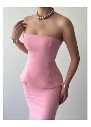Julidress Pink Strapless Neckline Maxi Long Length Premium Bottom Top Set