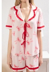  Collection طقم بيجامة محبوكة من القطن 100% وردي مع شريط/فيونكة وشورت مكشكش THMSS25PT00293