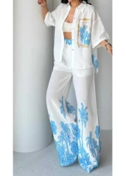 Butik Şenel Palm Printed Linen Shirt Pants Set