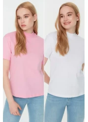  Collection Pink-White 2-Pack 100% Cotton Basic Stand-Up Collar Knitted T-Shirt TWOSS20TS1500