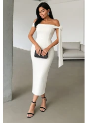  Collection White Body Fitted Shoulder Bow Detail Knitted Stylish Evening Dress Night Graduation Dress Tprss25El00293