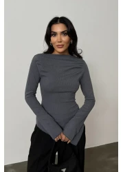 Bipantolon Burgundy Anthracite 2-Piece Blouse - Draped, Boat Neck, Asymmetrical Lycra Knitted Blouse