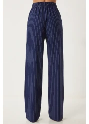 Happiness İstanbul Navy Blue Striped Comfortable Women's Trousers - To00158