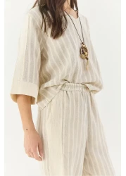 Bianco Lucci طقم قلادة نسائية مخططة برقبة على شكل حرف V من الكتان من الأسفل إلى الأعلى 25106 60283319