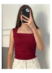 peri tower New Product Square Neck Waist Shirred Burgundy Camisole Undershirt