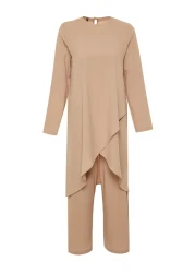  Modest Beige Asymmetrical Woven Tunic Trousers Top and Bottom Set TCTSS24US00074