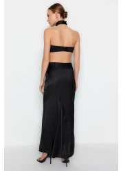  Collection تنورة طويلة سوداء منسوجة من الساتان - TPRAW24ET00040