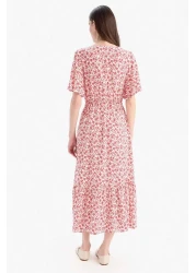 Defacto V-Neck Cheeky Patterned Lace-Up Short Sleeve Midi Summer Dress D2835Ax25Sm