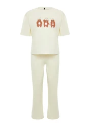  Collection Beige 100% Cotton Teddy Bear Pajama Set - T-Shirt and Pants Thmss23Pt00134