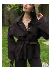 MY LİKA بدلة جينز بحزام الخصر وسترة وسروال كبير الحجم