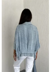 FEMELLE قميص بونشو من قماش الدنيم باللون الأزرق مقاس قياسي للنساء