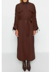  Modest Brown Belted Sleeves Adjustable Detail Button Cotton Woven Shirt Dress Tctss23Eb00365