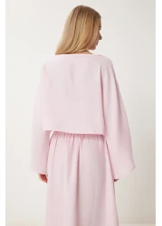 Happiness İstanbul طقم تنورة بلوزة موسلين وردي للنساء RV00206