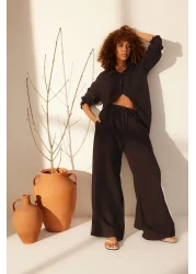  Collection Brown 100% Linen Elastic Waist High Waist Extra Pants Twoss24Je00251