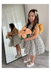 Sare Çocuk Giyim Girl's Yellow Floral Shoulder Puffy Princess Special Design Dress (100% Cotton) + Buckle