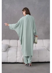 Miss Allos Women's Front Tulle Floral Embroidered Stone Detailed Linen Kimono and Pants Bottom Top Set