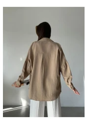 Laluvia Milk Coffee Oversize Off Shoulder Linen Shirt