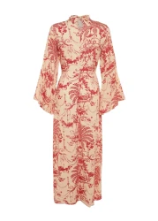  Modest فستان منسوج من القطن والفسكوز صيفي بتفاصيل عقدة وياقة منقوشة باللون الأحمر الكريمي TCTSS23EB00234