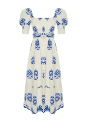  Collection Blue Patterned Square Neck Linen Look Belted Midi Woven Dress TWOSS24EL00779