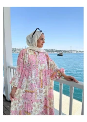 Aselim Hijap Moda فستان صيفي منقوش عرقيًا | زر وقص مريح باللون الوردي