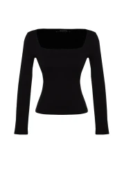  Collection Black Cotton Stretchy Square Neck Fitted Blouse TWOAW24BZ00016