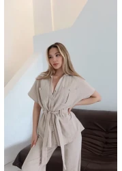 Laluvia Natural Buttoned Belted Blouse Trousers Set - 7207