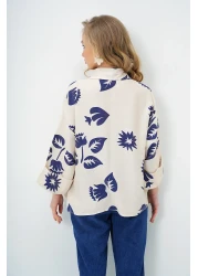 Trend Alaçatı Stili قميص نسائي منسوج منقوش بأوراق شجر مزدوجة باللون الأزرق الداكن والبيج ALC-X13785