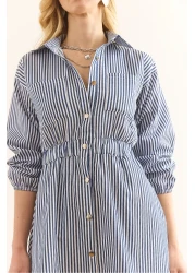 Olalook فستان قميص طويل بخصر مطاطي باللون الأزرق الداكن للنساء ELB-19002398