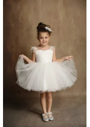 black white wedding Girl's White Fluffy Dress Birthday Dress with Lace Detail