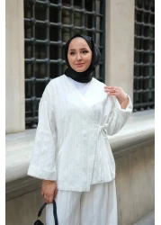 LOCCO Almond Stitched Women's Kimono Set White