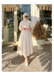 PİNK FLY طقم حجاب طويل بتفاصيل حجرية كريمي