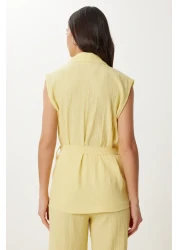 Lovelyİstanbul بدلة محبوكة بحزام بالازو أصفر LBY0002