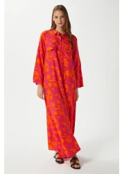 Ritnice فستان طويل بأزرار أمامية برتقالية اللون برتقالي 100٪ فيسكوز حديقة نسائية محتشمة