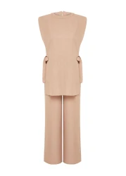  Modest Mink Linen Look Side Tie Woven Bottom Top Set TCTSS24US0001
