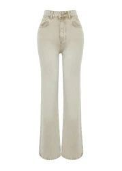  Collection Beige Faded Effect Vintage Normal Waist Wide Leg Jeans TWOSS24JE00011